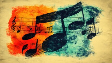 Music notes layered with vibrant splashes of red and blue on a textured, vintage paper background