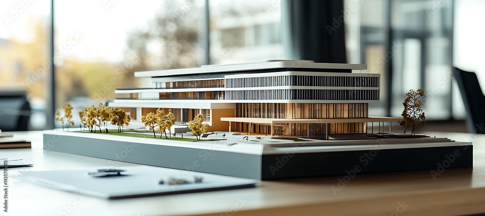 Poster close-up shot of a high-quality central library building model on a professional office desk with br