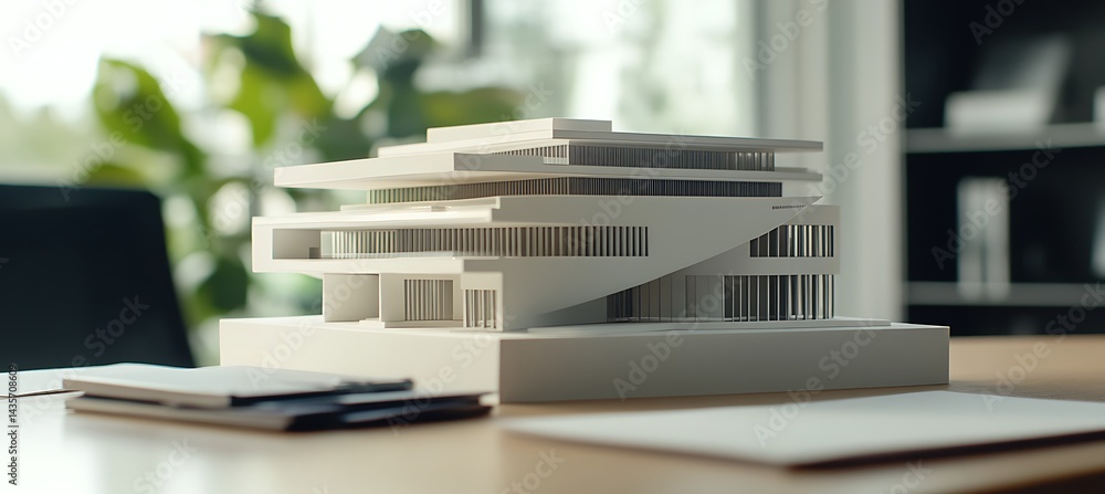 Poster close-up shot of a high-quality central library building model on a professional office desk with br