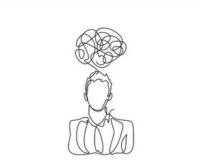 Man in depression, stressed, headache and despair continuous one line drawing. Single line art illustration of confusing and stressed person. Editable vector.