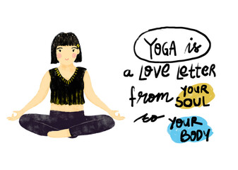 Cute woman female girl doing lotus pose yoga doodle crayon watercolour hand drawn illustration black shirt bohemian boho colors clipart sticker wellness meditation healthy lifestyle quotes