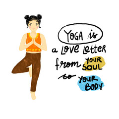 Cute woman female girl doing tree pose yoga doodle crayon watercolour hand drawn illustration pastel orange bohemian shirt colorful colors clipart sticker wellness meditation healthy lifestyle quotes
