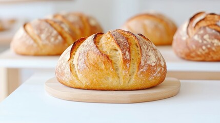 Freshly baked artisan loaf.  Close-up of golden-brown bread.  Artisan bread on wooden board.  Bakery display