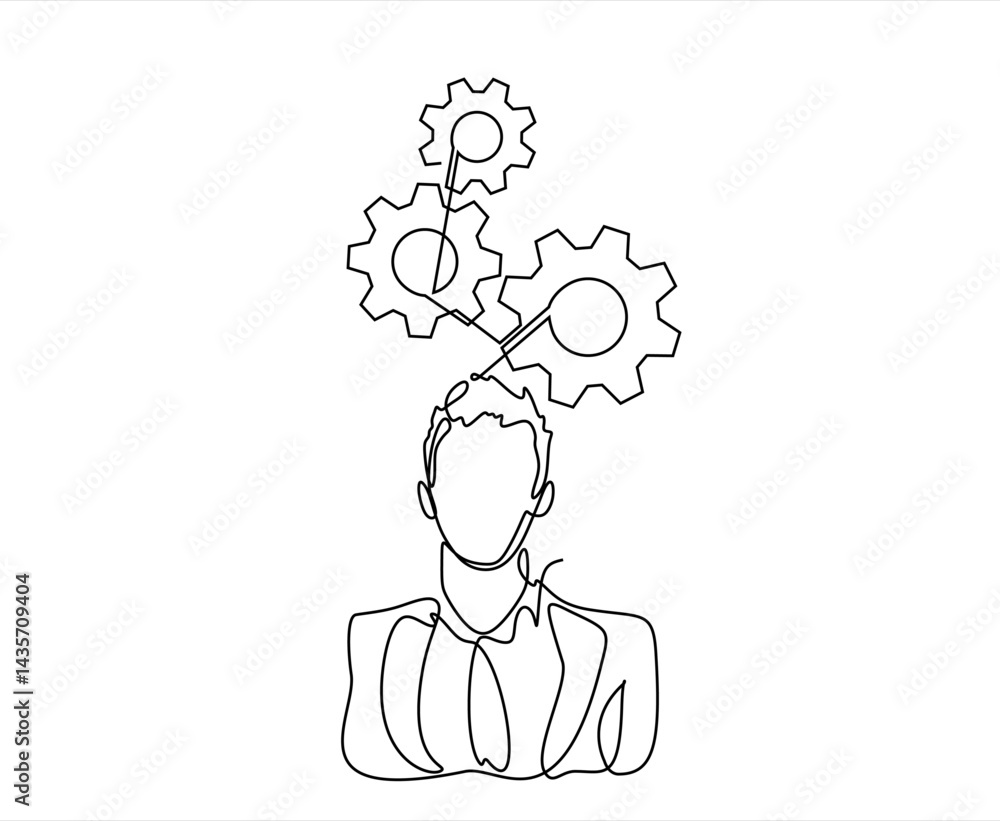 Poster man and gears , drawn in one line on a white background. one-line drawing. continuous line. vector. 