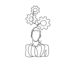 Man and gears , drawn in one line on a white background. One-line drawing. Continuous line. Vector. Editable stroke.