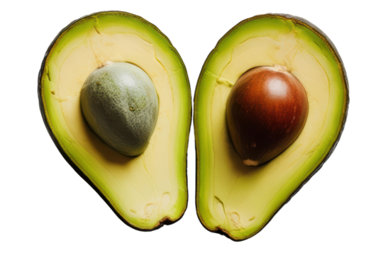 Two fresh avocado halves with vibrant green texture and pits on a transparent background