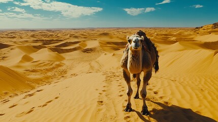 Desert camel on sand dune landscape, sunny day, travel