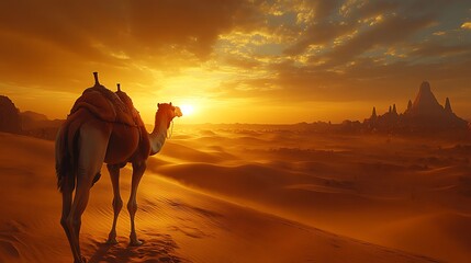 Camel in desert at sunrise, exploring, golden hour