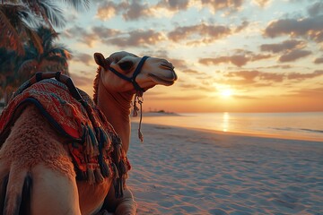 Camel selfie at sunset beach, tropical vacation, peaceful moment, photo opportunity