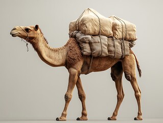 Desert camel carrying heavy bags, side view, studio shot, for educational use