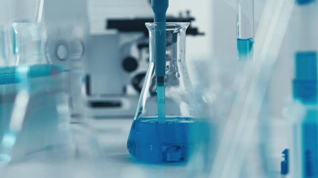 A series of laboratory images showcasing a scientist in blue gloves expertly transferring a blue liquid using a pipette into test tubes and flasks, emphasizing precision in scientific experiments.