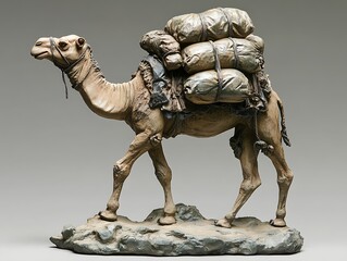 Camel carrying loads, desert scene, sculpture, art piece, for educational display