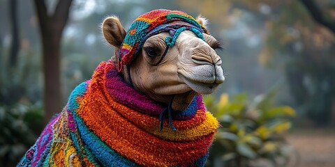 Colorful Camel in Park, Festive Attire