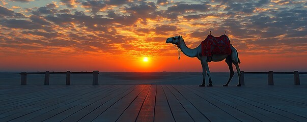 Camel on wooden platform at sunrise over desert