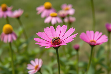 Fototapeta premium bee on a pink flower in the middle of a field