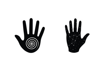 Mystical Hand Illustrations With Spiral And Constellation Black And White Concept