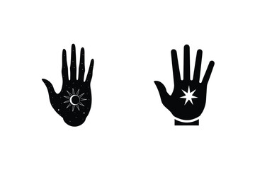 Mystical Palmistry Hand Symbols With Sun Moon Stars On A White Background