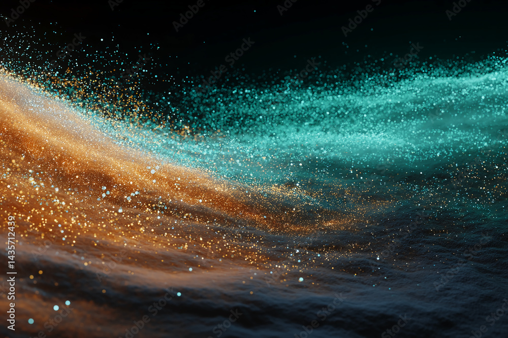 Poster abstract image of gold and teal glitter particles forming undulating waves against a dark background
