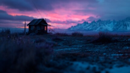 Secluded cabin beneath a painted sky amidst snowy mountain backdrop twilight
