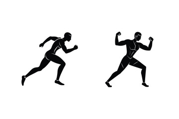 Black Silhouettes Of Athletes In Action Running And Pumping Fists On White Background