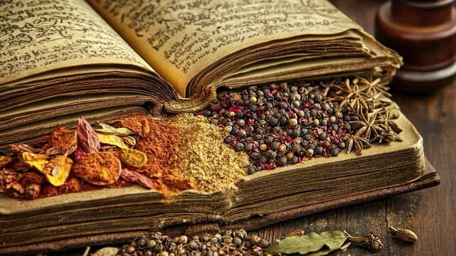 Ancient spice book, open pages, various herbs and spices