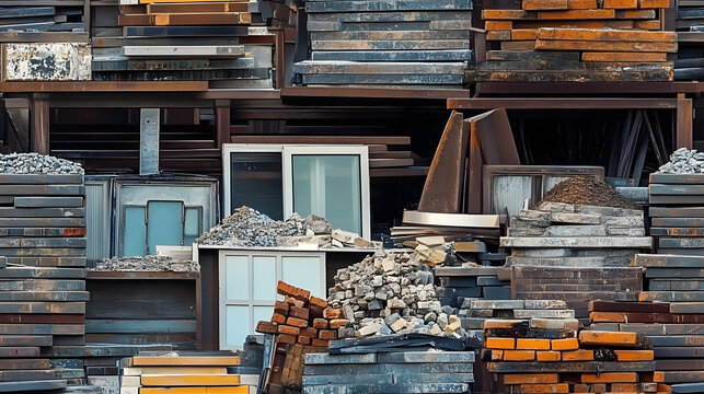 urban mining zero waste, sorted piles of construction materials windows bricks steel concrete, material recycling, reuse architecture, city sustainability, life cycle