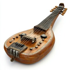Fototapeta premium Close up shot of a brown wooden electric veena on a white background