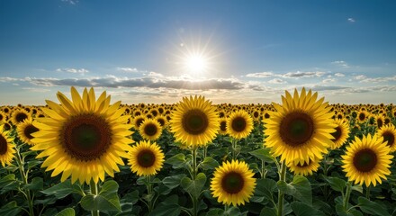 Obraz premium Bright sun over a field of sunflowers