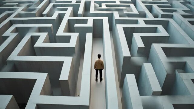 Man Alone in Giant Concrete Maze Symbolizing Life Choices and Difficult Decisions