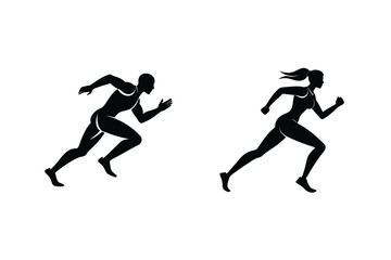 Black Silhouette Of Male And Female Sprinters Running Race On Isolated White Background