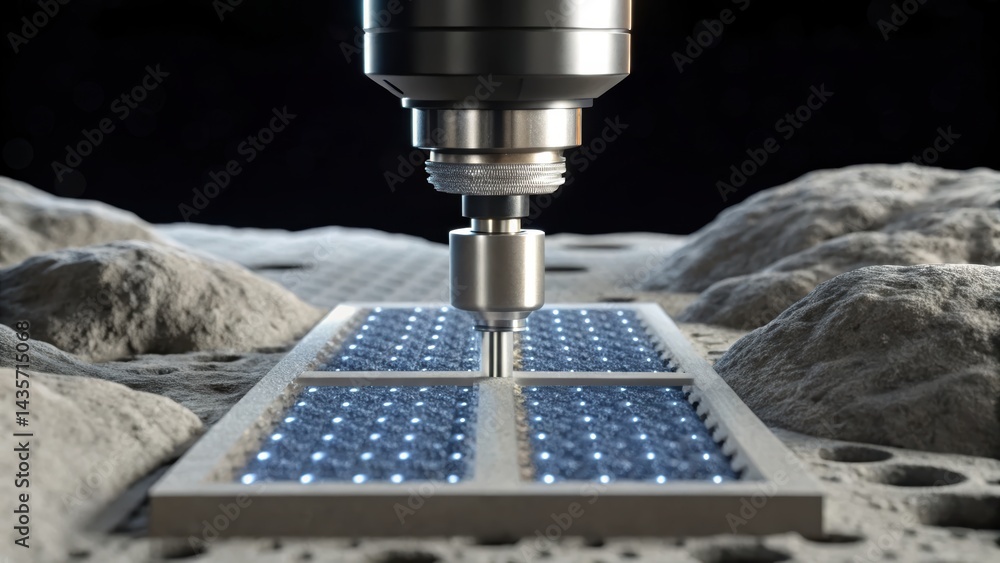 Poster a futuristic device extracting resources from a lunar surface, showcasing technology in space explor