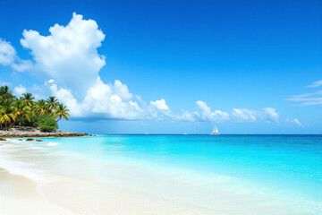 Fototapeta premium boat floating in the ocean near a beach