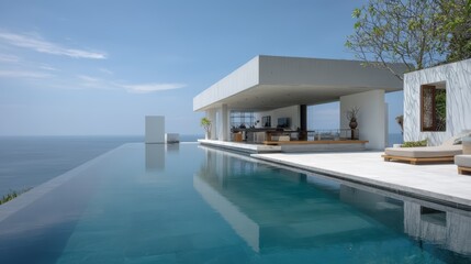 Fototapeta premium Modern minimalist concrete resort in Bali with infinity pool and tropical ocean view, luxury vacation villa architecture.