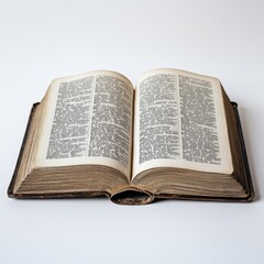Obraz premium Open antique book with aged pages displayed on a white surface