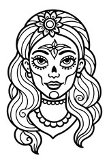 Intricate Line Art Illustration of a Calavera Catrina Woman with Floral Headpiece and Ornate Jewelry Day of the Dead Design for Coloring Books, Tattoos, and Festive Decorations