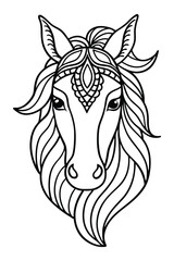 Ornate Line Art Horse Head Elegant Black and White Mandala-Style Horse Portrait for Coloring Pages, Adult Coloring Books, Tattoo Designs, and Spiritual Art Prints