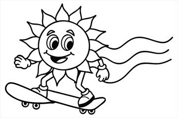 Funny sun riding a skateboard with wavy lines and flower trails
