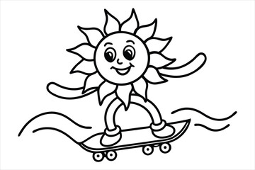 Funny sun riding a skateboard with wavy lines and flower trails