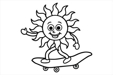 Funny sun riding a skateboard with wavy lines and flower trails