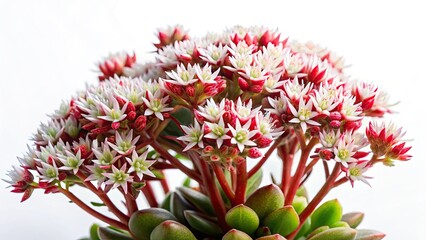 Fototapeta premium Night Photography Sedum Moranense Succulents, Red Stonecrop, White Flowers, Blooming, Macro, Dark, Illuminated, Plant, Botanical, Night Bloom