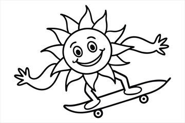 Funny sun riding a skateboard with wavy lines and flower trails