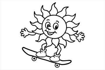 Funny sun riding a skateboard with wavy lines and flower trails