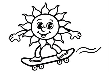 Funny sun riding a skateboard with wavy lines and flower trails