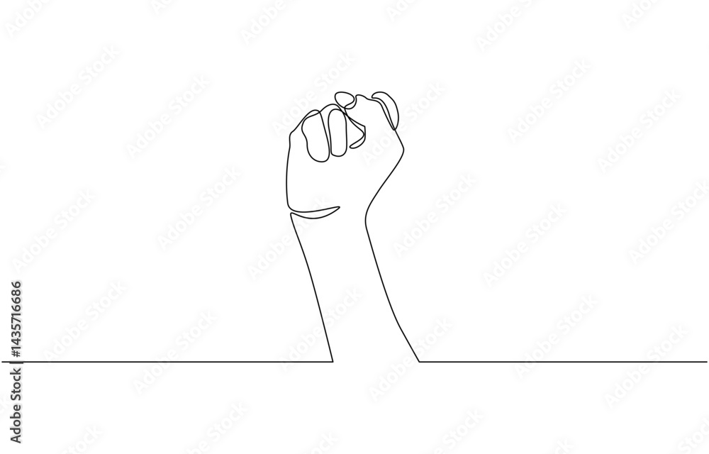 Poster a continuous line drawing of a strong fist being raised to the sky, continuous line hand clenched fi