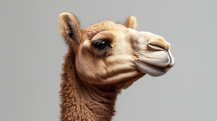 Obraz premium Close-up camel portrait against neutral background. Possible use Stock photo