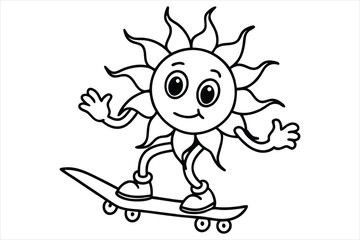 Funny sun riding a skateboard with wavy lines and flower trails