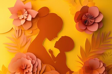 Silhouette of a loving mother and child surrounded by paper flowers.