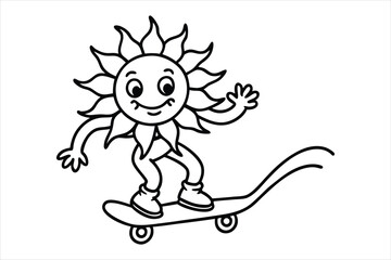 Funny sun riding a skateboard with wavy lines and flower trails
