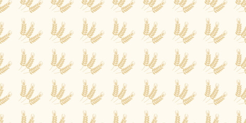 Ripe ears of grain on light beige background. Cereal crops harvest seamless pattern. Nature agricultural print. Vector graphics
