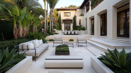 Fototapeta premium Contemporary outdoor space with neutral furniture, clean design, and tropical plants in a villa terrace setting